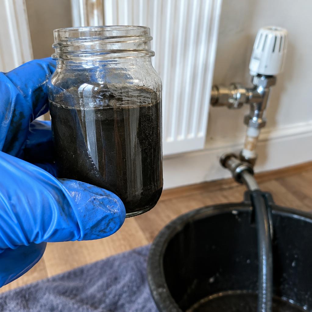 Sludge sample from a radiator power flush during boiler installation prep in London