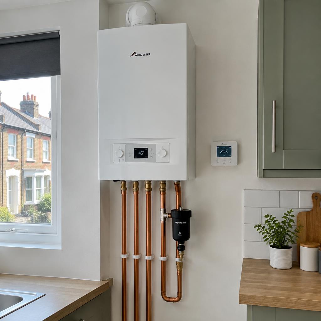 Newly installed combi boiler in a London kitchen after installation work