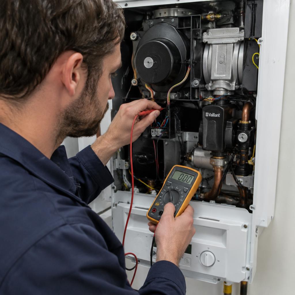 Heating engineer testing an open boiler circuit during boiler repair in London