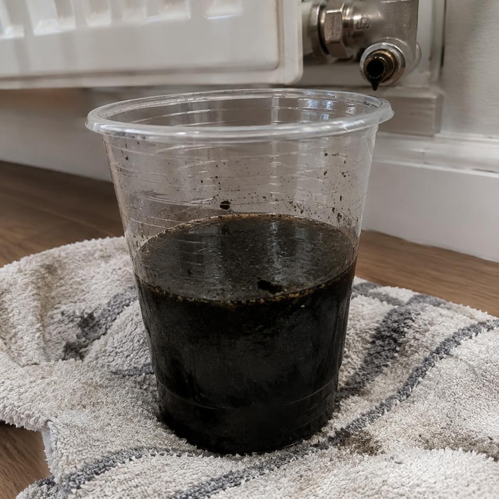 Close-up of magnetite sludge sample from radiator during London boiler repair