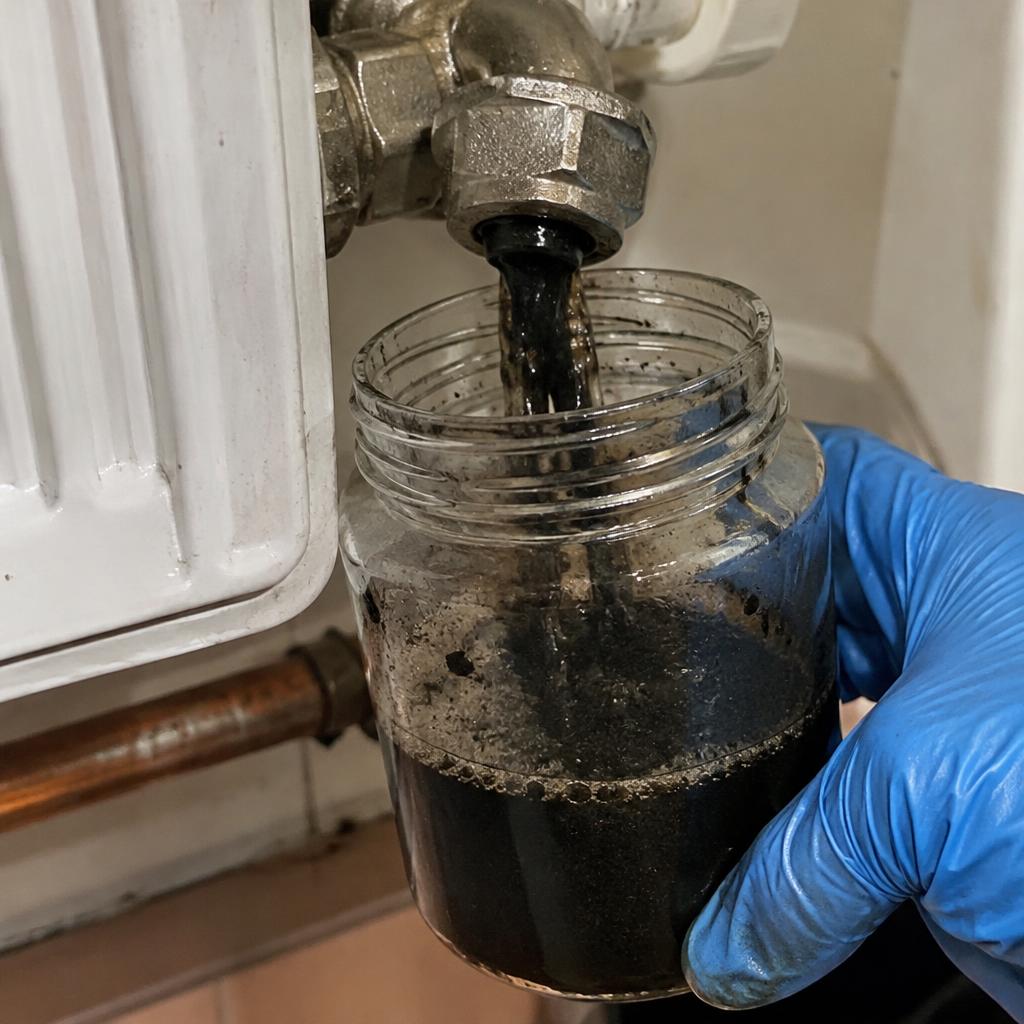 Close-up of sludge sample from radiator showing need for power flushing in London