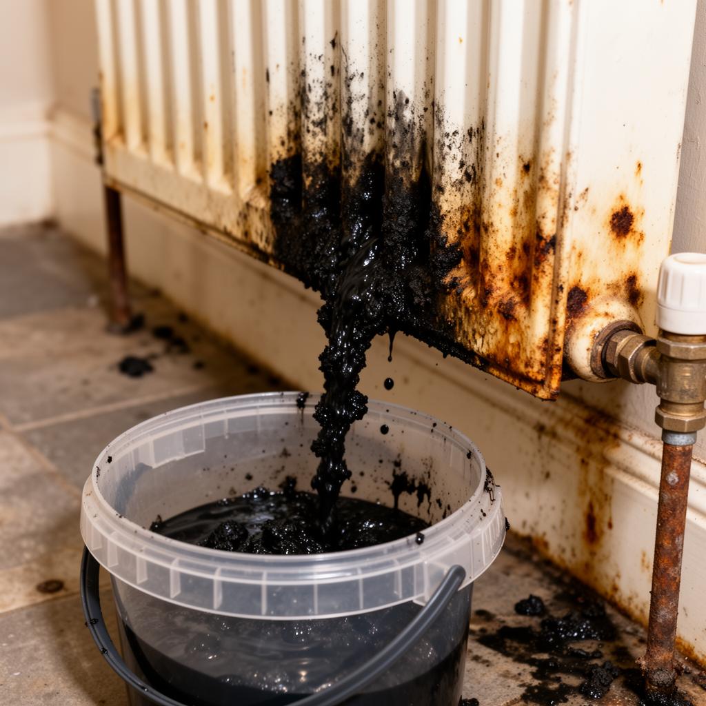 Older radiator before power flushing — corroded and underperforming.